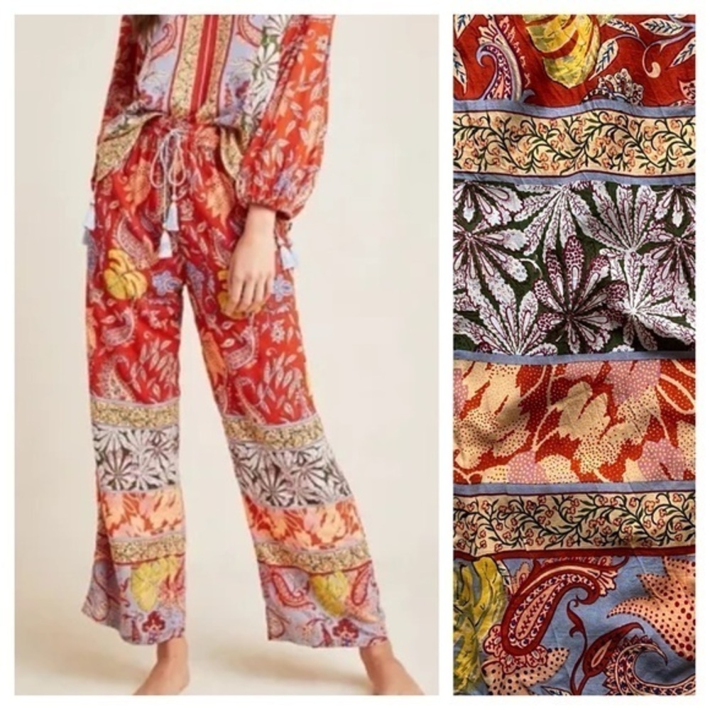 Anthropologie Red Rouge Colorful Print Sonrisa Paisley Pants Small